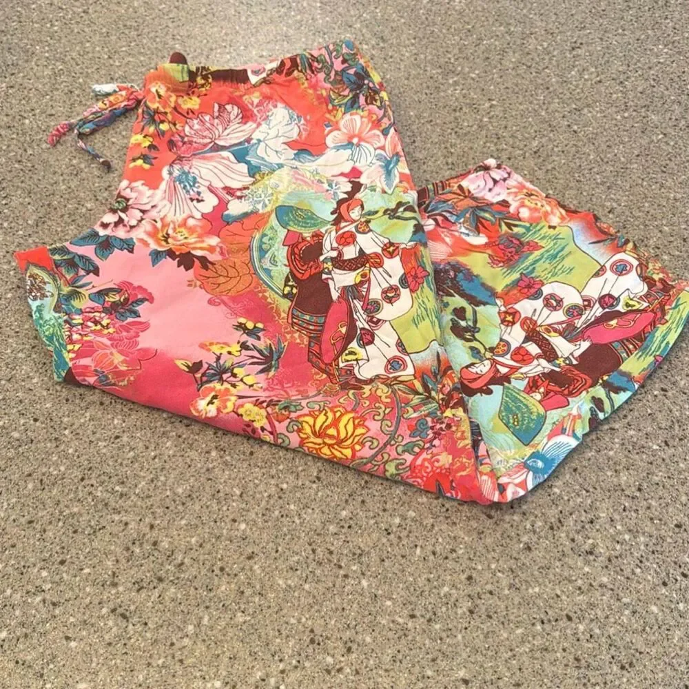 NATORI Cropped Pajama Loungewear Pants Pink Floral Japanese-Inspired Print